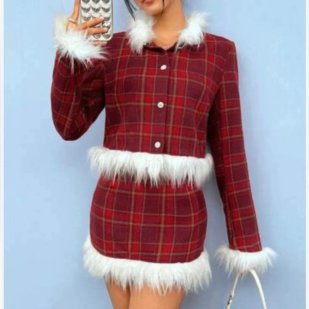 SHEIN Holiday Plaid Faux Fur Button Up Top and Skirt Medium Xmas